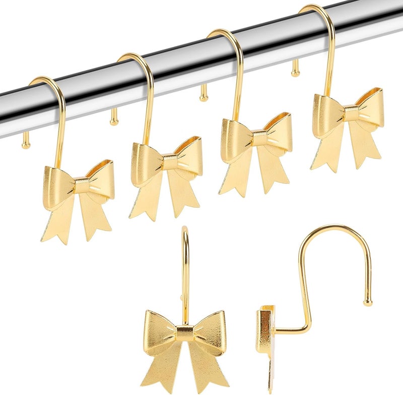 YanKiTour Bow Shower Curtain Hooks, 12 Pack Metal Decorative Rings, Rustproof Bow Knot Design for Bathroom Bedroom Living Room Baby Room Nursery Art Decor (Gold 1) - Image 1